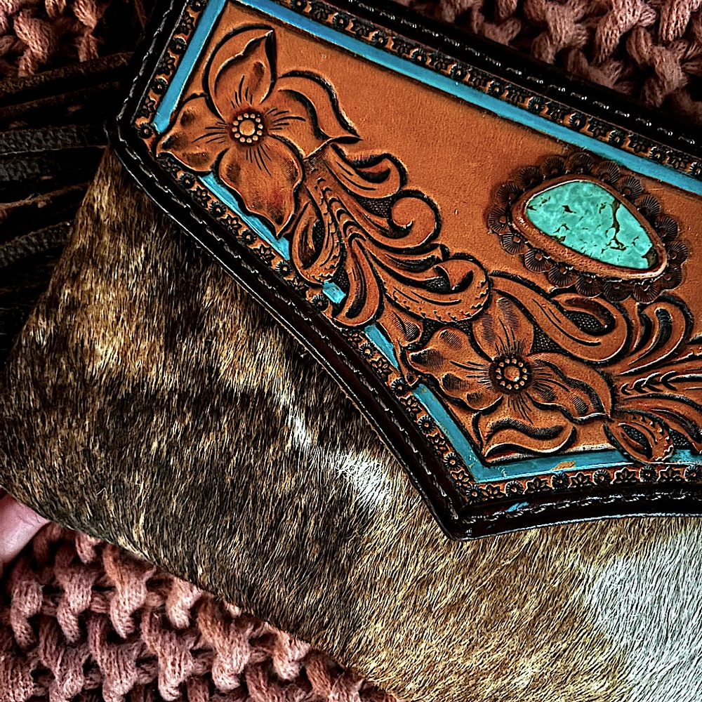 Genuine leather hair on hide with genuine turquoise small crossbody bag.